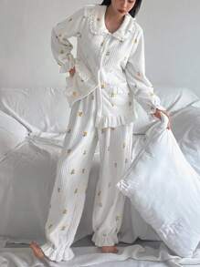 DAZY 条纹印花纹理毛绒荷叶边领蓬松睡衣套装，保暖内衬，秋冬皆宜，舒适保暖 - 黃色 - 查看 5