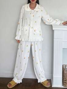 DAZY 条纹印花纹理毛绒荷叶边领蓬松睡衣套装，保暖内衬，秋冬皆宜，舒适保暖 - 黃色 - 查看 8