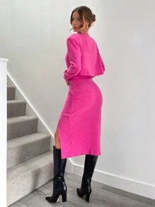SHEIN X Belinda SHEIN Essnce 2pcs Women's Solid Color Round Neck Long Sleeve Top And Side Slit Hem Skirt Casual Outfit Set, Spring/Fall - Hot Pink - View 6