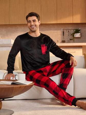 Manfinity Underwear&Sleepwear Basics 2pcs Men's Plush Long Sleeve Top And Plaid Pants Home Wear Set, Christmas