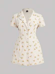 SHEIN MOD Plus Size Khaki Vintage Corduroy Cherry Pattern Print Lapel Collar Open Front Short Dress - Apricot - View 1