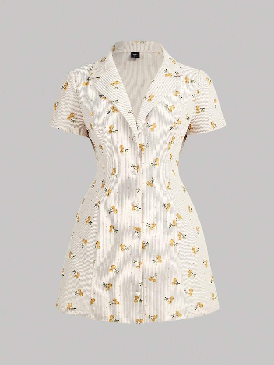 SHEIN MOD Plus Size Khaki Vintage Corduroy Cherry Pattern Print Lapel Collar Open Front Short Dress - Apricot - View 1