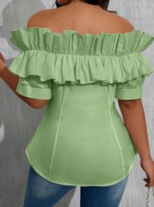 Maweii Áo cánh hở vai đơn giản màu trơn cỡ lớn cho nữ có bèo nhún - Màu xanh Bạc hà - Xem 2