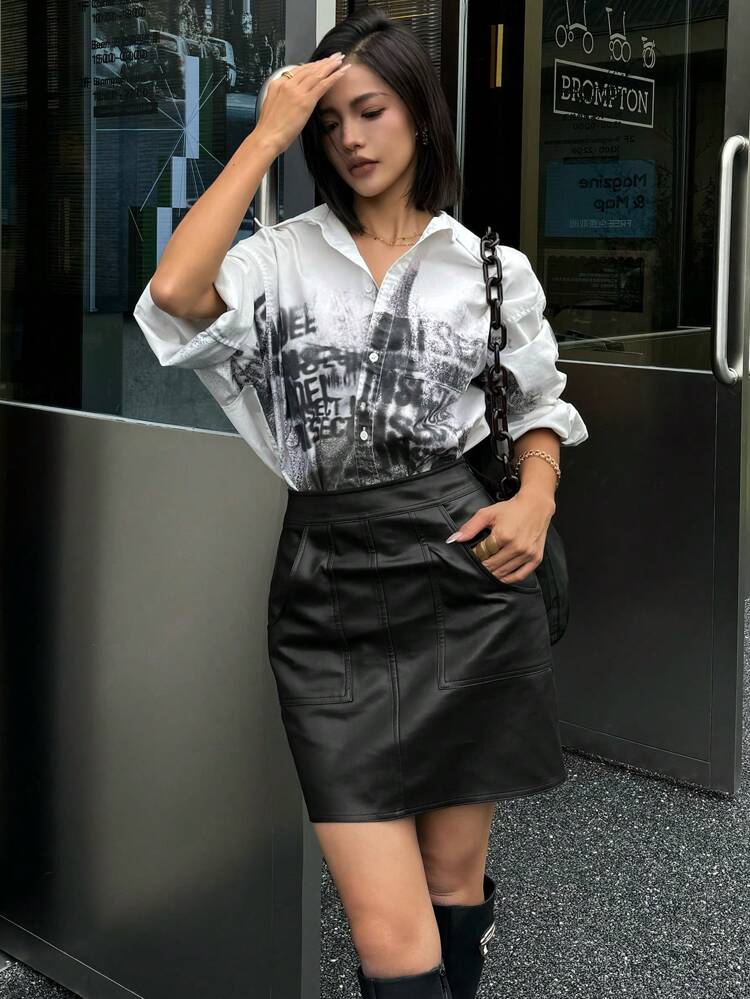 Women's PU Leather Solid Color Pocket Short Black Skirt Fall,Winter