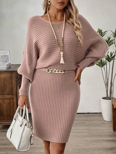 EMERY ROSE Women Solid Color Lantern Sleeve Ribbed Knit Sweater Dress Fall Women Clothes Elegant Dress Teacher Outfits