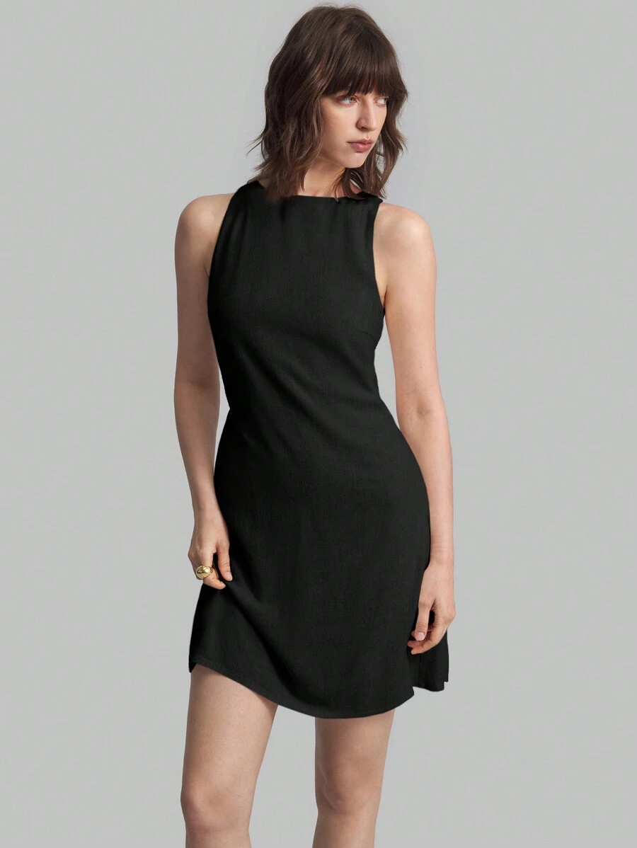 Ontre Váy ngắn không tay cổ tròn màu trơn thanh lịch dành cho nữ năm 2026, phù hợp cho phong cách thường ngày ở thành thị, phong cách tối giản sang trọng khi đi làm, sự đơn giản thanh lịch, trang phục ngày Nhà giáo, phù hợp cho ngày Độc lập, kỳ nghỉ ở bãi biển, lễ tốt nghiệp, công sở - màu đen - Xem 1