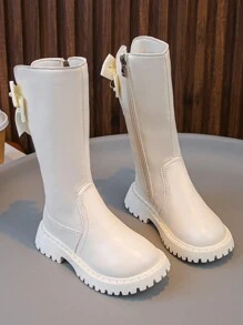 适合小女孩和女孩的可爱蝴蝶结公主靴，高帮厚底靴，保暖冬季鞋 - 米色 - 查看 4