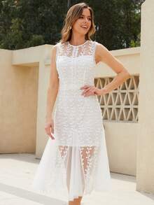 Vestido De Encaje De Color Sólido Con Cuello Redondo, Sin Mangas Y Ajustado A La Cintura - Blanco - Ver 3