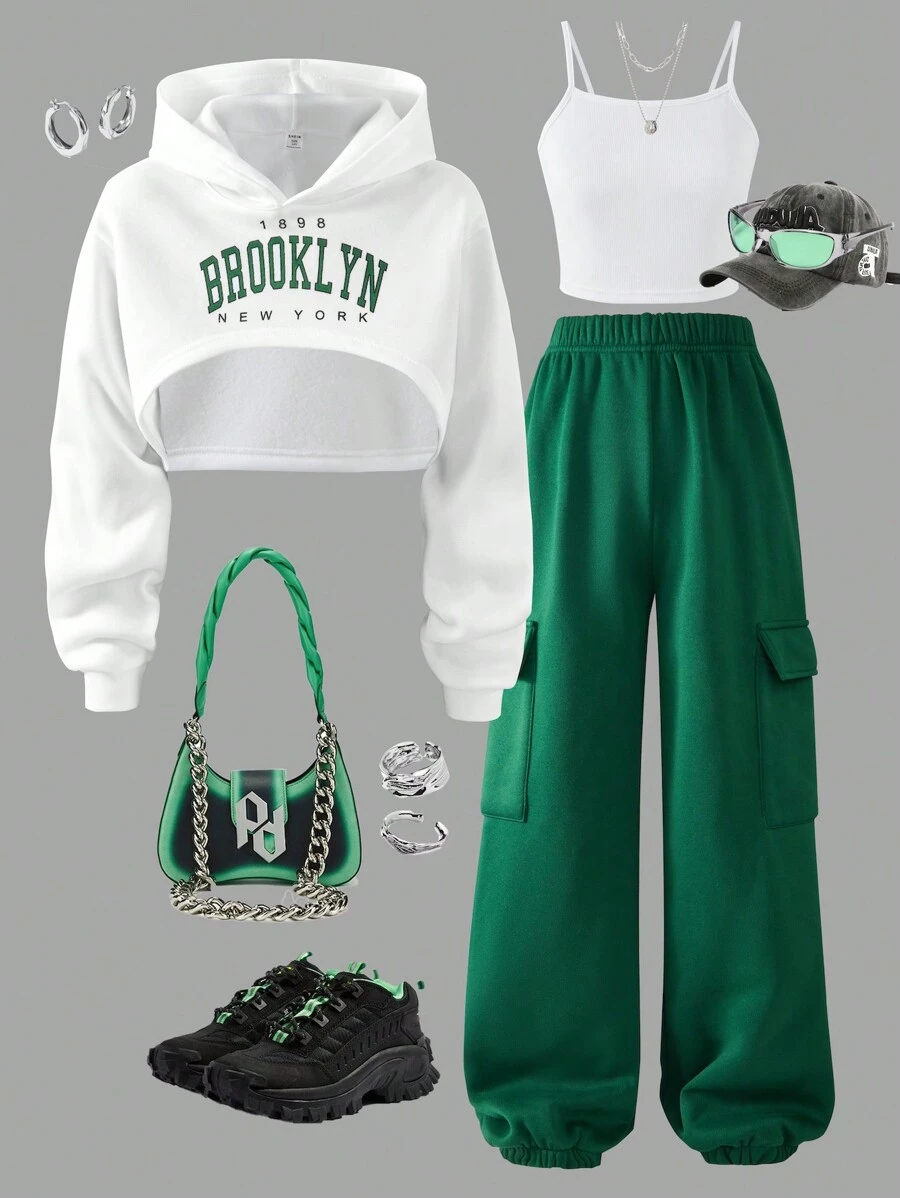 SHEIN ChillGRL 3件套少女秋冬保暖针织字母印花卫衣、吊带背心和工装裤套装