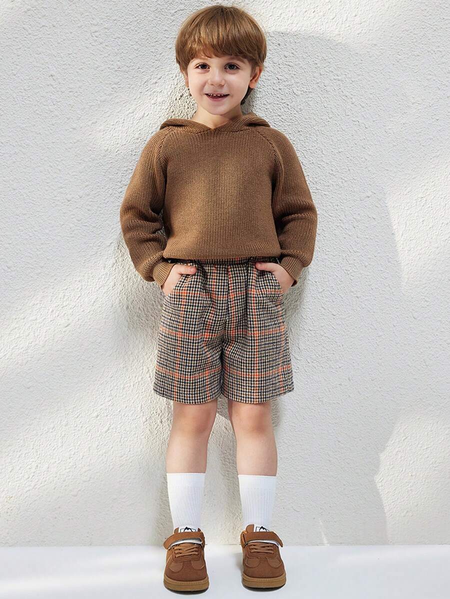 Blossori Young Boys Brown Plaid Woven Elasticized Waist Shorts, Fall/Winter - Brown - View 1