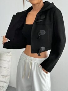 Flirla Áo khoác nữ phong cách đại học có nút sừng và mũ trùm đầu - màu đen - Xem 1