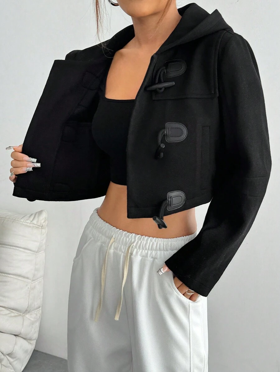 Flirla Áo khoác nữ phong cách đại học có nút sừng và mũ trùm đầu - màu đen - Xem 1