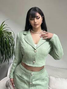 SHEIN Clasi Bộ vest nữ cỡ lớn mùa xuân hè, cổ ve áo, tay dài, cài cúc đơn, gồm áo khoác và chân váy, kiểu dáng thanh lịch, trang phục mùa thu cho phụ nữ. - màu xanh lá - Xem 5