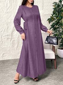 Al Najma Đầm Ả Rập giản dị tay dài đơn giản cổ tròn thắt nút bên hông màu trơn cho nữ - Màu tím - Xem 7