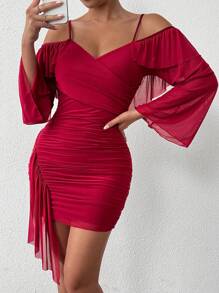 Chiquease 女式纯色露肩褶饰优雅短款长袖连衣裙，春夏 - 酒紅色 - 查看 3