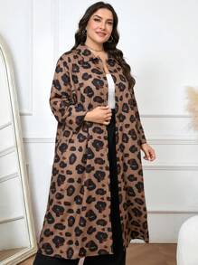 Mulvari 2pcs Plus Size Front Button Leopard Print Long Sleeve Top And Pants Casual Set - Coffee Brown - View 5