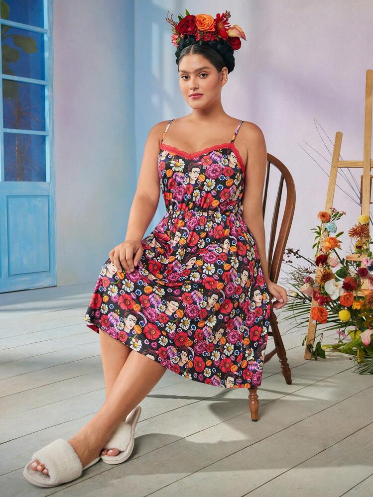 Frida Kahlo X SHEIN Plus Size Elegant Sexy Burgundy Red Daisy Portrait Art Printed Lace Trim Knit Slip Dress SHEIN USA