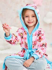 Young Girl Pink Cute Puppy Print Long Sleeve Hooded Pajama Robe Sleepwear - Pink - View 2
