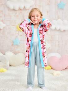 Young Girl Pink Cute Puppy Print Long Sleeve Hooded Pajama Robe Sleepwear - Pink - View 5