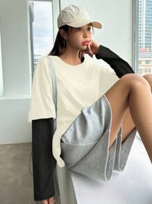 DAZY Women's Round Neck Drop Shoulder Contrast Color Casual Loose Long Sleeve T-Shirt, Spring/Summer