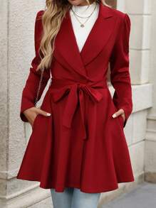 SHEIN Clasi Women's Solid Color Ruched Collar Puff Sleeve Elegant Regular Jacket For Autumn/Winter - Burgundy - View 3