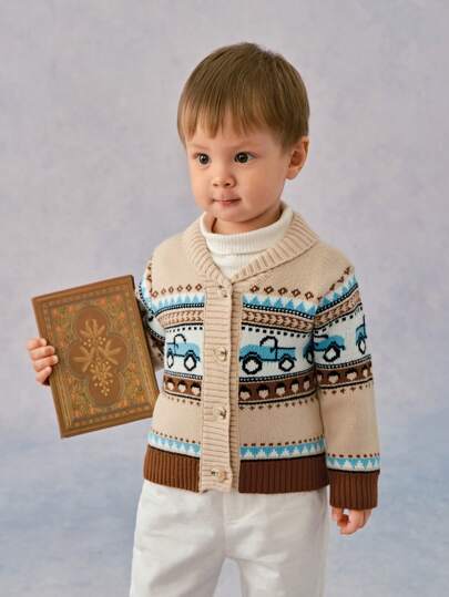 SHEIN Chaquetas de punto para bebés niños, suéteres tejidos de manga larga gruesos con cuello chal, patrón de carros y diamantes, color caqui y marrón, cómodos y cálidos, apropiados para otoño/invierno, con estilo y moda, aptos para uso en casa, exteriores y ocasiones festivas.
