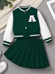 SHEIN 2pcs/Set Young Girls Fashion Casual Color Block Embroidered Patch Baseball Jacket & Ruched Skirt