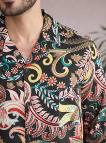 Manfinity ChillVibe Men's Botanical Print Single-Breasted Long Sleeve Top And Pants Pajama Set - Multicolor - View 5