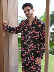 Manfinity ChillVibe Men Floral Allover Print Long Sleeve Loungewear Set - Multicolor - View 3