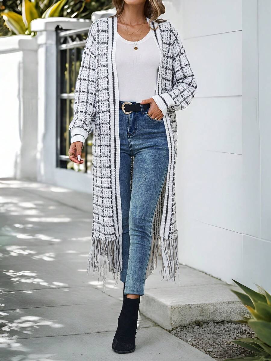 EMERY ROSE Women's Plaid Fringe Trim Long Sleeve Cardigan - Multicolor - View 1