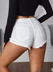 SHEIN PETITE Ripped Denim Multi-Pocket Button Front Casual Shorts