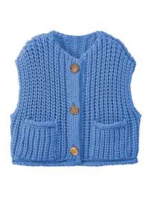 INAWLY Chaleco de punto casual de mujer con cuello en V, de una sola hilera de botones, bolsillos dobles y de metal para otoño/invierno