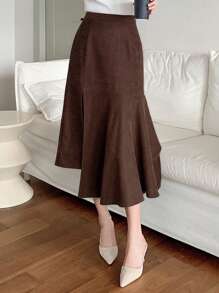 DAZY 女士麂皮中长美人鱼裙，不对称裙摆，荷叶边 - 咖啡棕 - 查看 1