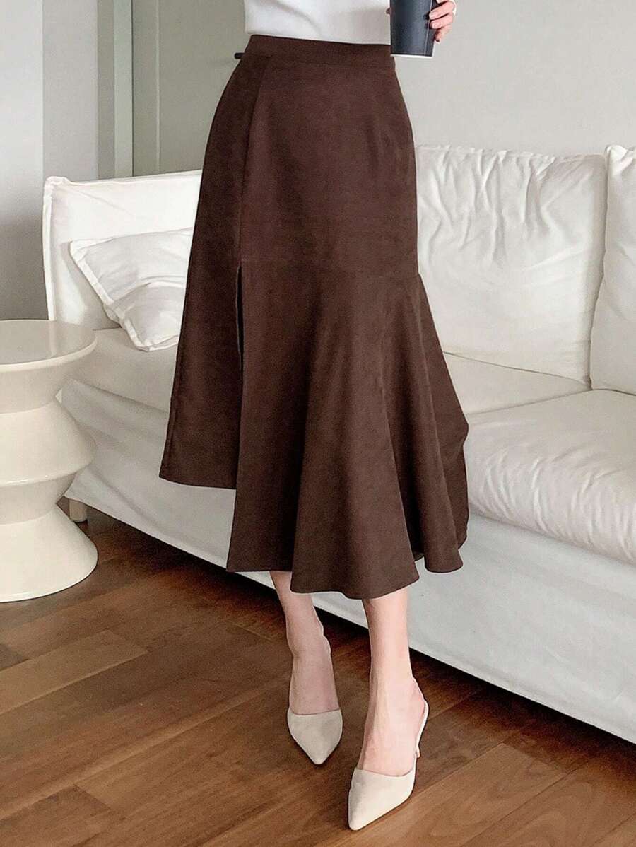 DAZY 女士麂皮中长美人鱼裙，不对称裙摆，荷叶边 - 咖啡棕 - 查看 1