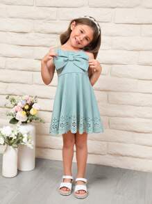 SHEIN Vestido sin mangas con decoración de lazo bonito y unicolor para niña joven, ideal para ocasiones informales - verde menta - Ver 4