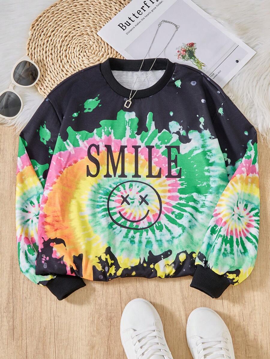 SHEIN 少女彩色笑脸印花长袖运动衫 - 彩色 - 查看 1