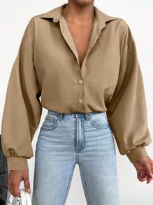 EURMUSE Solid Drop Shoulder Button Front Shirt - Khaki - View 4