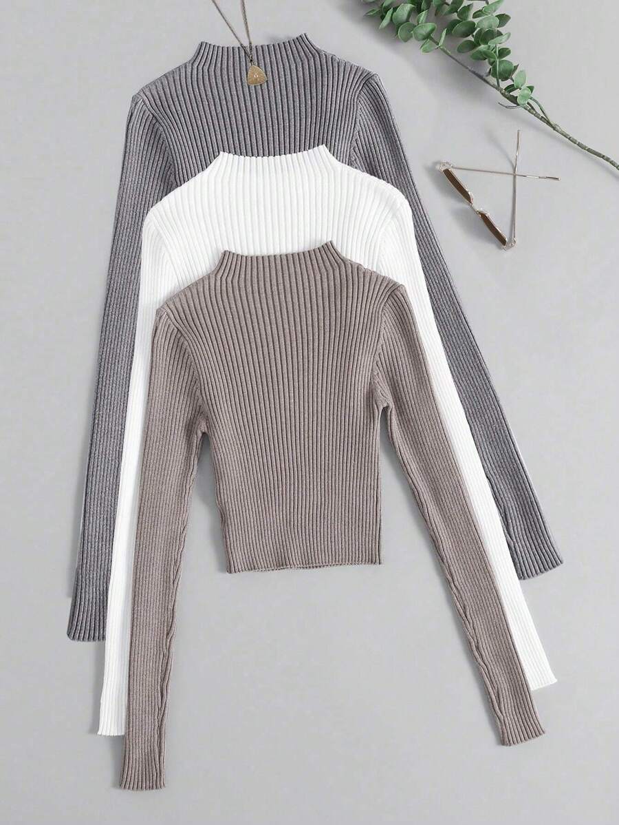Franclia Suéter de tejido de punto acanalado de unicolor de manga larga para mujer, para otoño/invierno, parte superior de manga larga - Multicolor - Ver 1