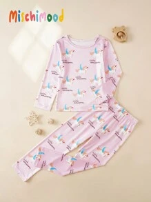 2pcs Young Girls Simple Pink Flying Horse Print Snug Fit Long Sleeve Top And Pants Homewear Set