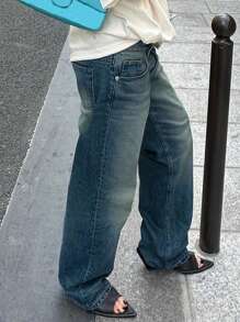 MYOURSA Quần jeans nữ ống đứng cạp thấp, dáng rộng, thoải mái, thích hợp mặc đi làm và hàng ngày. - Rửa trung bình - Xem 4