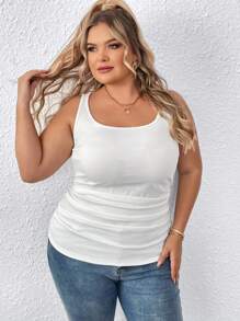 SHEIN CURVE+ Curve Casual Basic Deep U-Neck Narrow Ribbed Women's Plus Size Regular Tank Top, White, Sleeveless With Ribbed Texture, Folded And Ruched Detail On The Side,Fall Outfits - White - View 7
