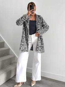 SHEIN Essnce 冬季女大衣女装披肩领豹纹仿皮草休闲外套山猫皮草大衣猫女皮草大衣秋冬老款款式适合外出休闲出门时尚百搭高级 - 彩色 - 查看 4