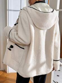 SHEIN Essnce 女士连帽保暖撞色仿围巾纽扣外套、毛绒外套、女士服装、秋冬女士服装。 - 米色 - 查看 2