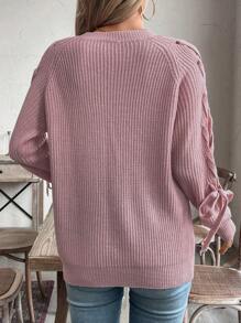 Chiquease 时尚交叉袖圆领宽松休闲毛衣，袖口系带 - 藕粉色 - 查看 2