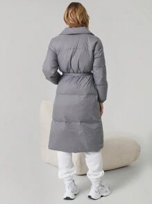 SHEIN EZwear Women's Long Sleeve Simple Solid Deep Gray Quilted Feathers& Down Jacket - Dark Grey - View 3