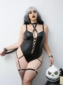 AltCore 4 piezas/Conjunto Mono sexy de cuello en V de talla grande con decoración de cola de diablo para Halloween