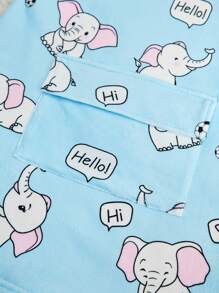 Young Girl Blue Minimalist Cute Elephant Print Long Sleeve Hooded Warm Pajama Nightgown Sleepwear