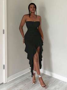 SHEIN SXY 女士简约纯色日常穿着筒状荷叶边下摆连衣裙适合约会之夜、生日、单身派对装、休闲、购物、外出、度假、海滩，