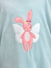 2pcs Young Girls Minimalist Bunny Embroidered Long Sleeve Top And Plush Pants Casual Homewear Set, Light Blue - Baby Blue - View 4