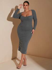 SHEIN BAE 加大码方领长袖时尚修身优雅纯色休闲连衣裙灰色针织罗纹弹力紧身中长连衣裙秋季连衣裙 - 灰色 - 查看 6